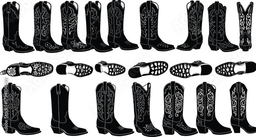Cowboy boot silhouette, western footwear vector, decorative leather design, heel tread illustration, fashion icon set, cad drawing flat vector illustration