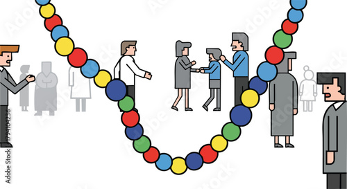 Pixel art people interacting under a colorful beaded archway with blurred figures in the background