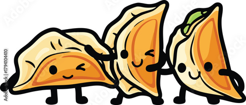 Three Cute Dumplings Winking and Smiling with Arms and Legs Against White Background