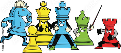 Cartoon Chess Pieces In Dramatic Confrontation With Cartoon King Rook Bishop And Knight In Colorful Array