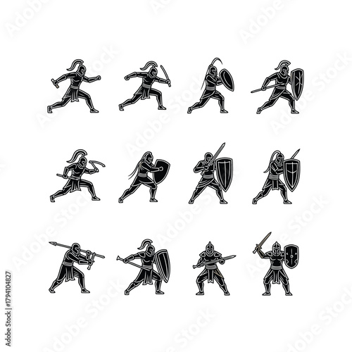 Collection of warrior silhouettes in action poses isolated on white background