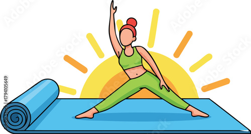 Woman Practicing Yoga Warrior Pose On Blue Mat With Sunrise Background And Radiant Sun Rays