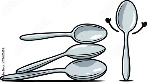 Three Silver Spoons Stacked Beside One Spoon Standing Upright with Attached Hands and Fingers