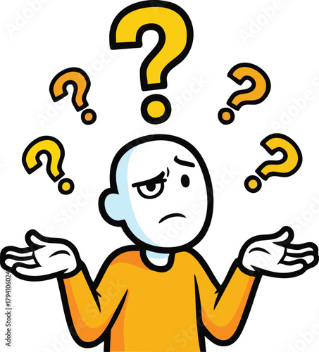Confused Cartoon Person With Orange Shirt Shrugging Shoulders Surrounded By Yellow Question Marks