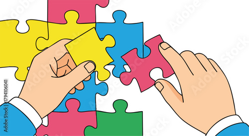 Close Up Of Hands Connecting Colorful Puzzle Pieces On White Background Symbolizing Teamwork Strategy Solutions