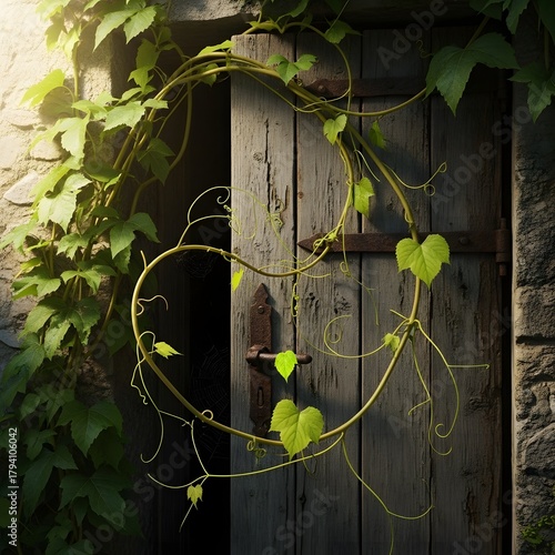 A rustic wooden door surrounded by lush green ivy vines climbing and curling around the frame in a peaceful outdoor setting