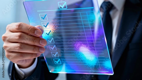 Businessman holding translucent holographic checklist touchscreen hand suit business checklist holographic translucent touchscreen business hand suit