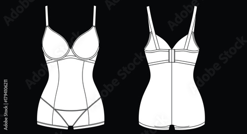 Lingerie bodysuit vector, fashion technical sketch, garment construction detail, underwire design, sewing pattern, cad drawing flat vector illustration
