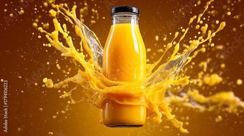 Bottle of Orange Juice with Dynamic Splash on Warm Background
