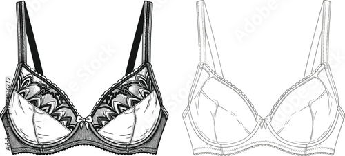 Lingerie bra technical sketch, fashion flat drawing, lace bra CAD illustration, garment design vector, underwear template, sewing pattern, outline