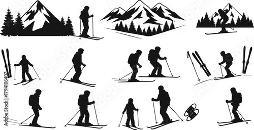 Skiing silhouettes, mountain landscape, winter sports, alpine adventure, ski gear, snowshoe walking, ski tricks, forest trees, vector art, black illustration