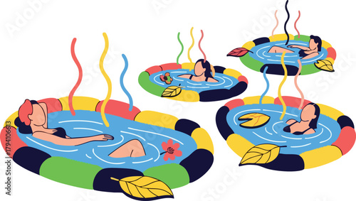 Three People Relaxing In Colorful Outdoor Hot Tubs With Steam Rising In Autumn