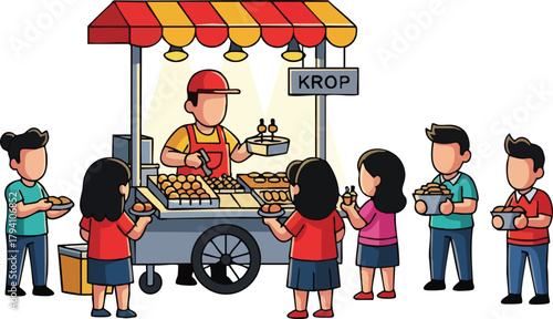 Street Food Vendor Serves Customers From Colorful Cart With Red Yellow Awning And Yellow Lights