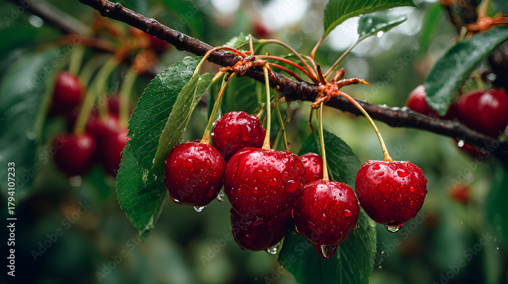 Obraz premium FreshCherriesWithRaindrops