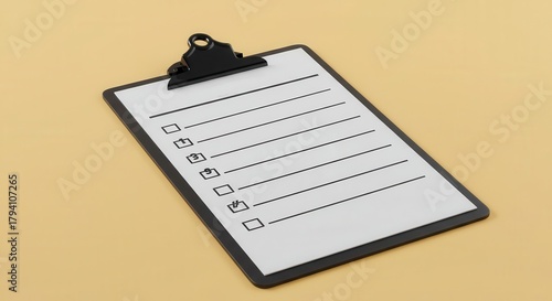Black clipboard with a partially completed checklist rests diagonally on a plain, light brown surface.
