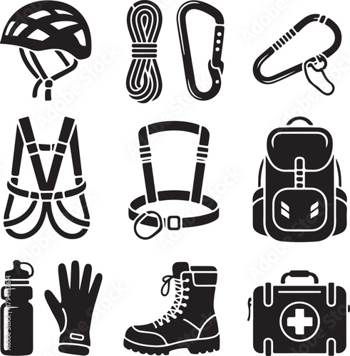 Black and White Silhouette Vector Set of 9 Adventure Gear Helmet Climbing Rope Carabiner Harness Backpack Gloves Boots Water Bottle First Aid Kit