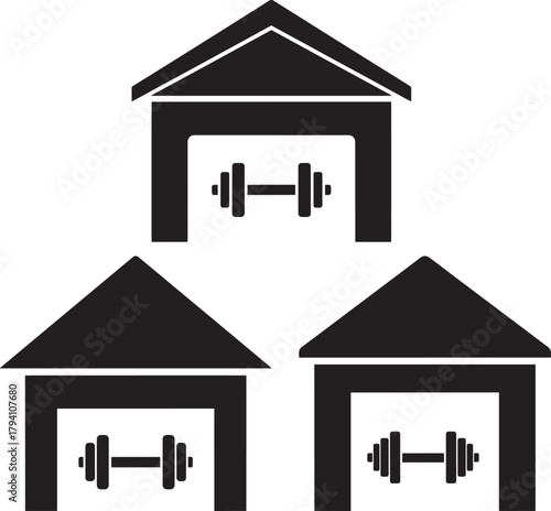 Three garage gym silhouettes with dumbbells