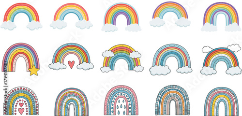 Collection of adorable doodle-style rainbows with clouds and decorative elements, perfect for children's designs, cheerful themes, and positive illustrations.