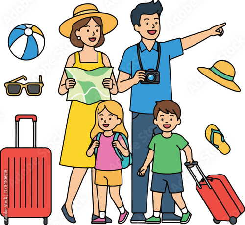 Happy Family Traveling Together with Luggage and Map for Vacation Adventure