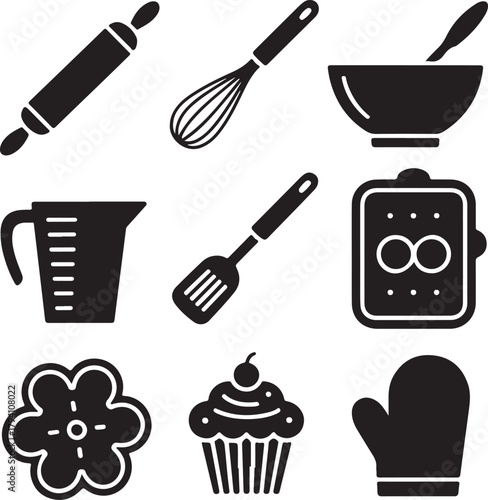 Black and White Silhouette Vector Set of 9 Baking Tools Rolling Pin Whisk Mixing Bowl Spatula Measuring Cup Cookie Cutter Baking Tray Oven Mitt Cupcake