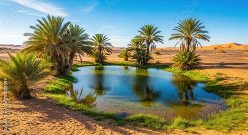 Wallpaper Mural Serene Desert Oasis with Lush Palm Trees, Reflective Pond, and Majestic Sand Dunes under a Bright Blue Sky. Torontodigital.ca