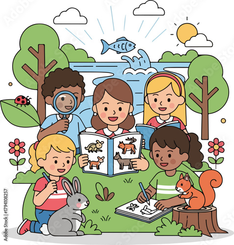 Diverse Group of Children Learning About Wildlife and Nature Outdoors in Park Setting