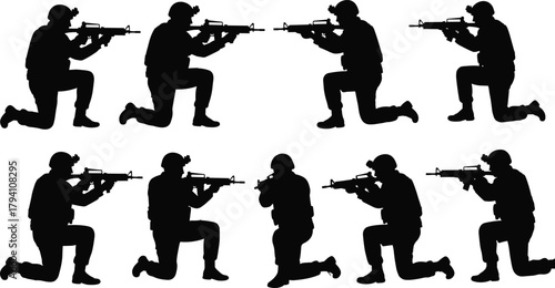Soldier silhouette vector, tactical rifle pose, kneeling military formation, armed forces graphic, combat readiness, cad drawing flat vector illustration