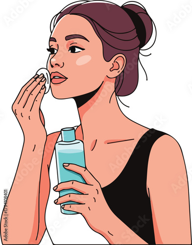 Woman Applying Facial Toner or Micellar Water for Skincare Routine Illustration