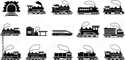Train icon set, steam locomotive, diesel engine, high-speed train, railway station, tunnel entrance, transportation symbols, vector illustration, black silhouette, flat design
