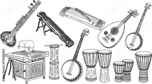 Traditional musical instrument set, sitar guzheng oud banjo drums sketch, cultural sound design art, cad drawing flat vector illustration