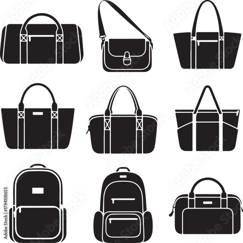Black and White Silhouette Vector Set of 9 Bags Duffel Messenger Crossbody Weekender Tote Carry On Backpack Gym Travel Organizer