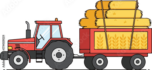 Vector Illustration of Red Farm Tractor Pulling a Wagon Full of Hay Bales