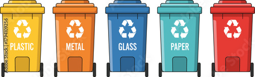 Colorful Vector Set of Recycling Bins for Plastic, Metal, Glass, Paper, and General Waste, Promoting Environmental Responsibility and Waste Sorting