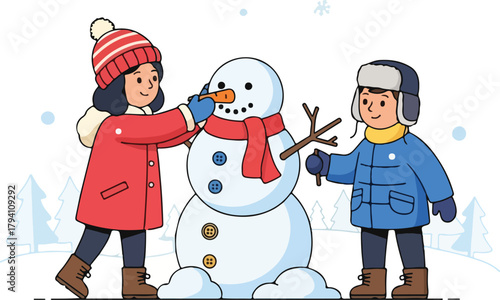 Two Happy Children Building a Snowman Together in Winter Landscape Illustration