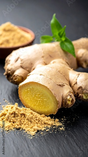 Close-up image showcasing fresh ginger root with a freshly cut portion. A bowl of ground spice and leafy sprig are also present