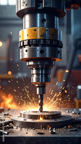 Close-up of a drill press in action, boring into metal, with sparks flying. A highly detailed industrial scene