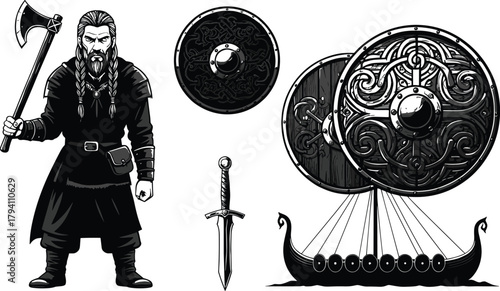 Viking, warrior, axe, sword, shield, longship, dragon, beard, battle, culture, history, armor, icon, vector, black, white, Norse, cad drawing flat vector illustration