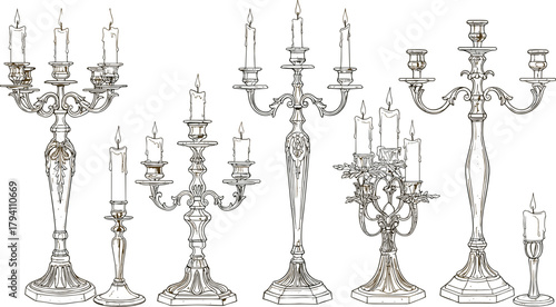 Vintage candle holders collection, ornate metal candelabras, classical decor, lit wax candles, elegant antique design, interior styling inspiration, historical ambiance