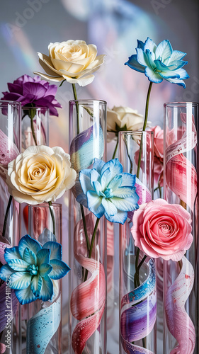 Colorful artificial flowers in glass tubes vases with decorative swirls displayed on a soft background