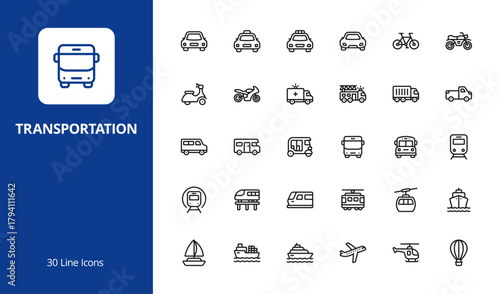 Vehicle and Transportation Line Icon Set