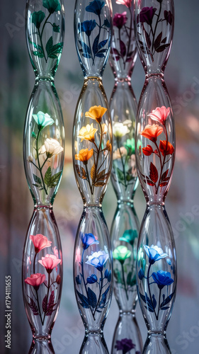 Colorful glass vases with painted flowers brighten a room and create a warm atmosphere during daylight