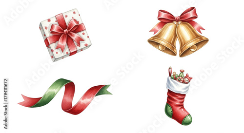 Christmas Decorations Collection Gift Bells Ribbon Stocking.