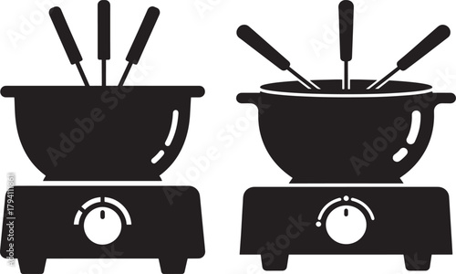 Two fondue pots with forks silhouette