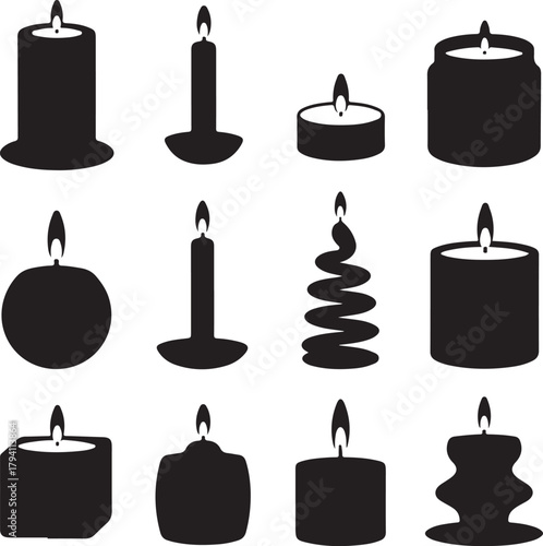 Black and White Silhouette Vector Set of 9 Candle Shapes Pillar Taper Tealight Jar Spiral Birthday Square Scented Tin Artistic Sculptural