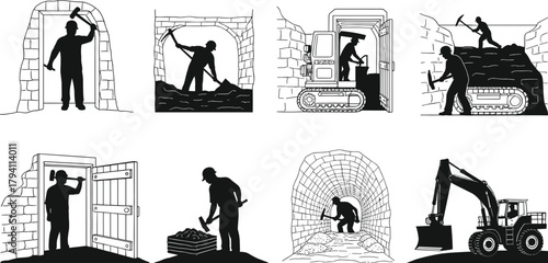 Tunnel construction process, excavation workers silhouette, heavy machinery vector, underground building stages, black icons, editable flat illustration, infrastructure concept