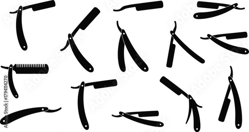 Collection of vintage straight razor silhouettes in various open and closed positions for barbershop, grooming, and shaving vector illustration design.