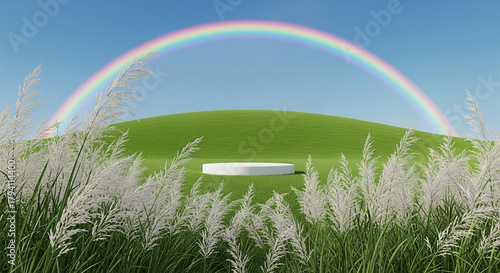 White circular product display podium on green grass hill with rainbow and white pampas grass