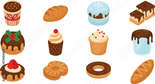 Christmas Desserts and Bread Collection: Holiday Baking Icons

Festive Sweet Treats Set: Doughnuts, Cupcakes, and Loaves

Vector Illustration of Winter Pastries: Bakery Food Icons