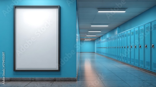 Blank Poster Frame in School Hallway with Blue Lockers Mockup