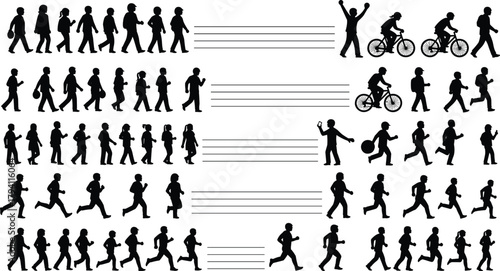 Collection of walking, running, and cycling people silhouettes showing active lifestyle, daily movement, exercise and fitness activity vector illustration design.